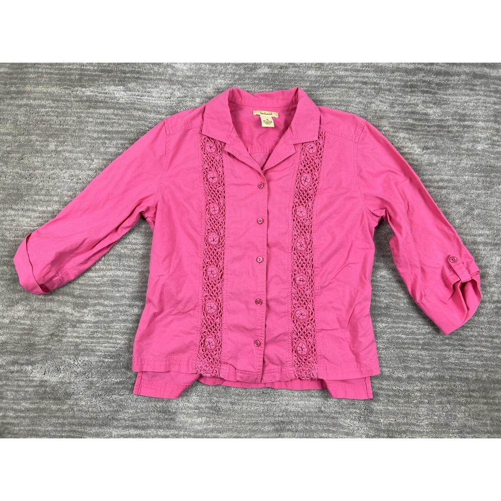 Bechamel Button Up Womens M Pink Crochet Lace Drawstring Back 3/4 Sleeve Shirt
